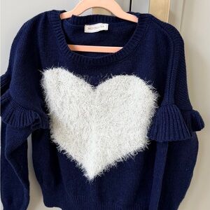 MonnaLisa Navy Knit Sweater with White Fuzzy Heart